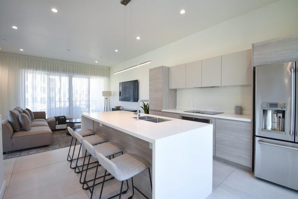 Minimalist kitchen and living area with island seating