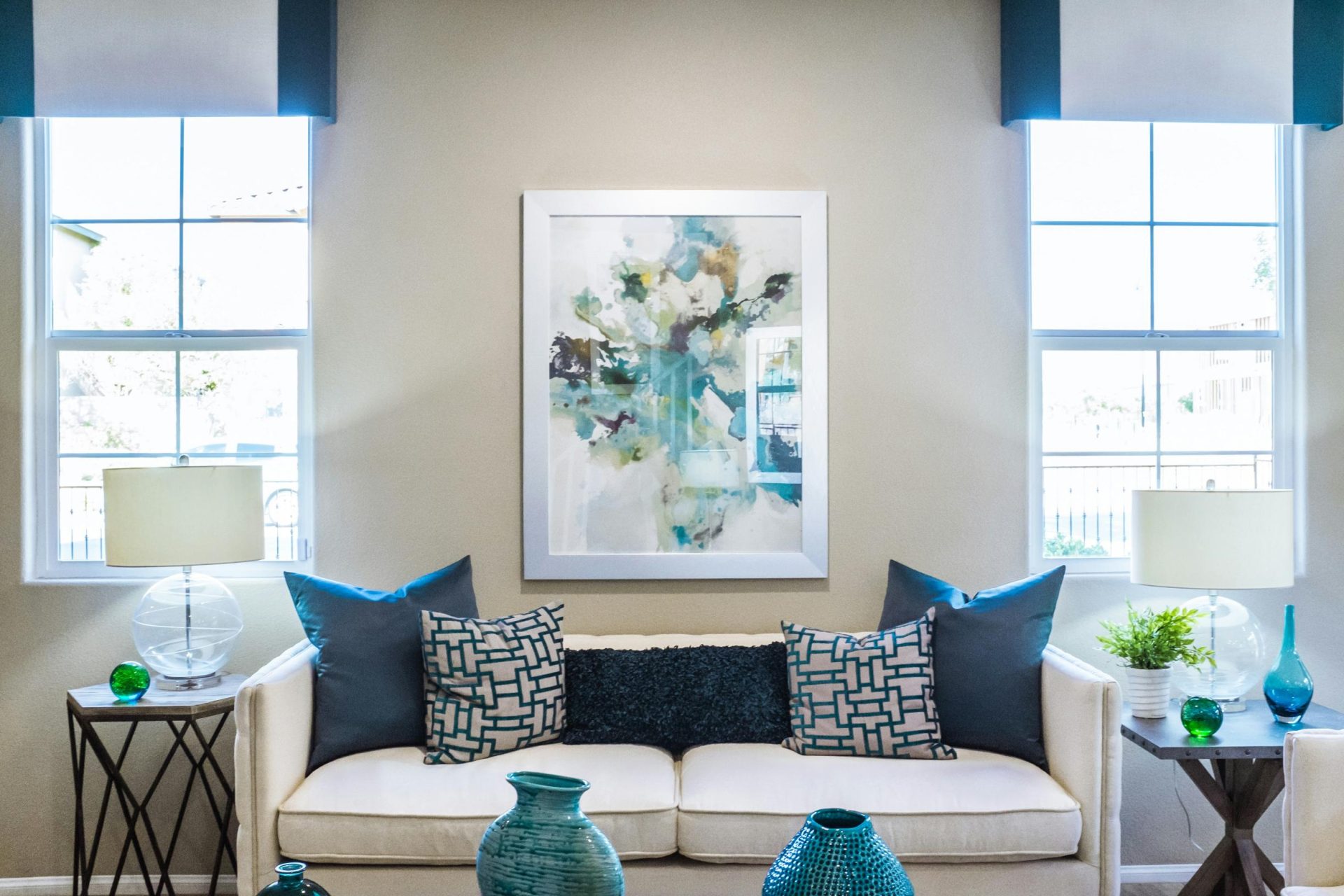 Cozy living room with blue and white decor.